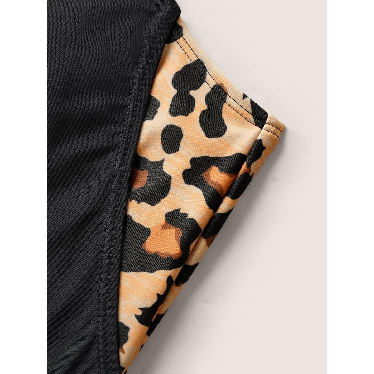 Plus Size Patchwork Leopard Print Gathered Swim Top Women's Swimwear Black Beach Gathered High stretch Bodycon U-neck Curve Swim Tops BloomChic 12/L Product Image