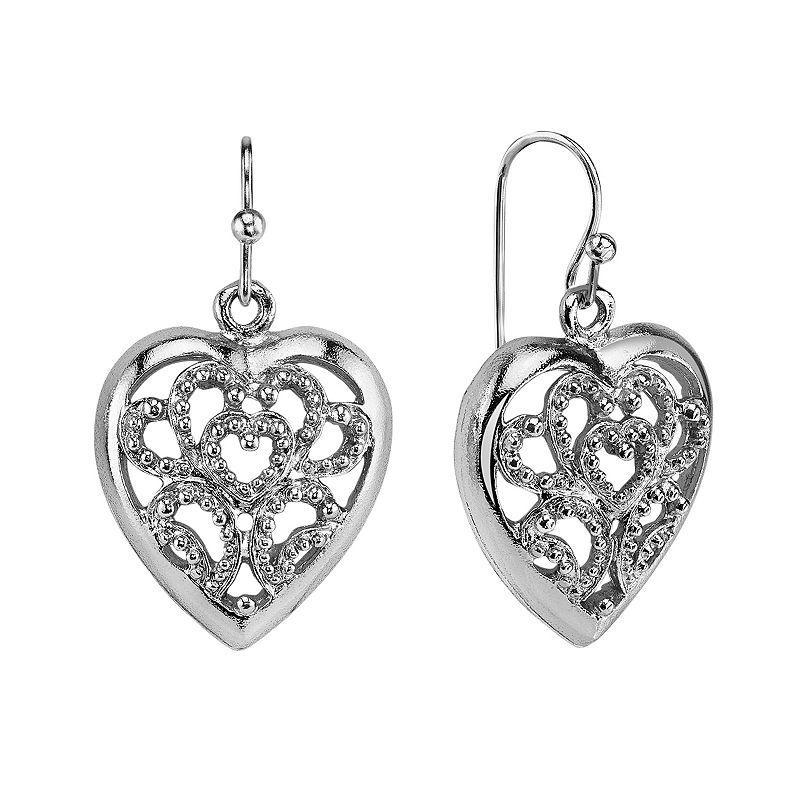 1928 Openwork Heart Drop Earrings, Womens, Silver Tone Product Image