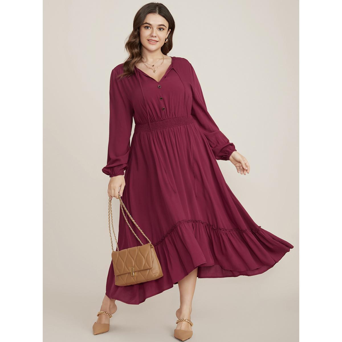 Plus Size Solid Pocket Button Detail Tie Neck Shirred Ruffles Dress Burgundy Women Elegant Pocket V-neck Long Sleeve Curvy Midi Dress BloomChic 14-16/1X Product Image
