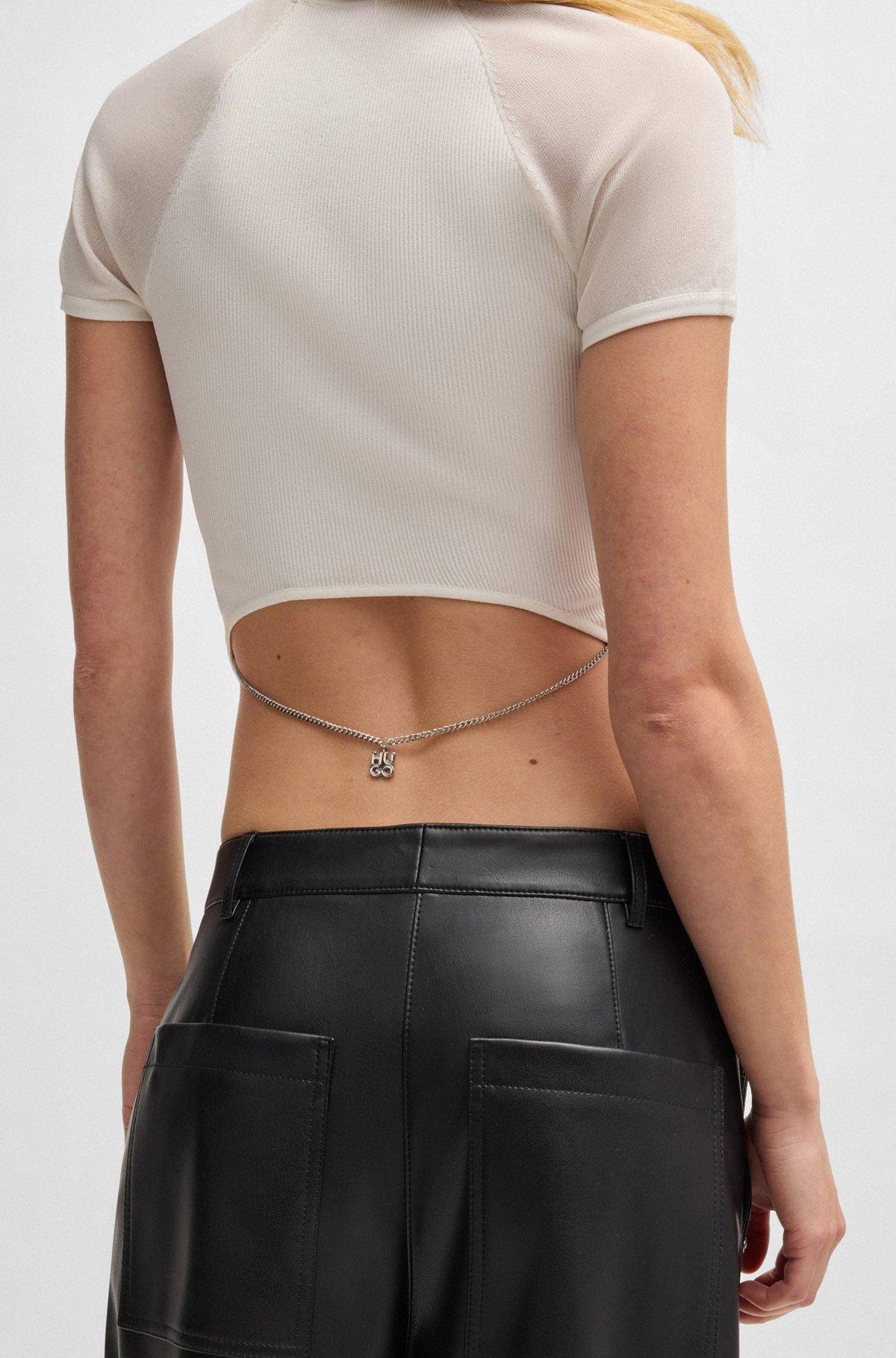 Rib-knit top with sheer panels and logo chain Product Image