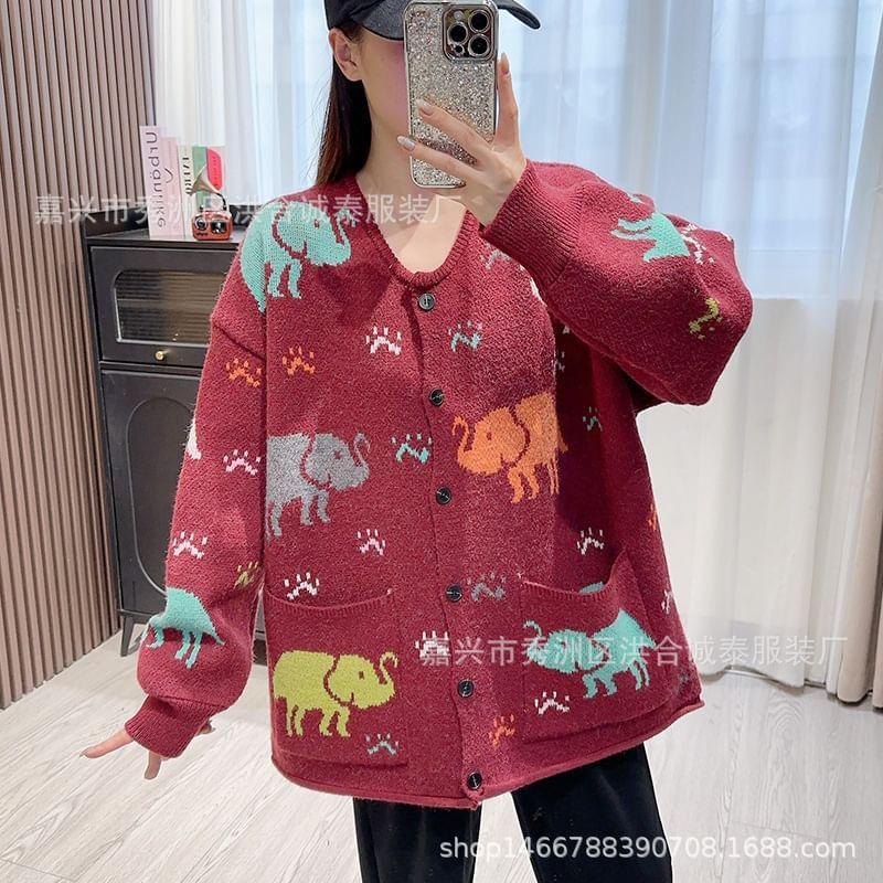 Round Neck Elephant Jacquard Cardigan Product Image