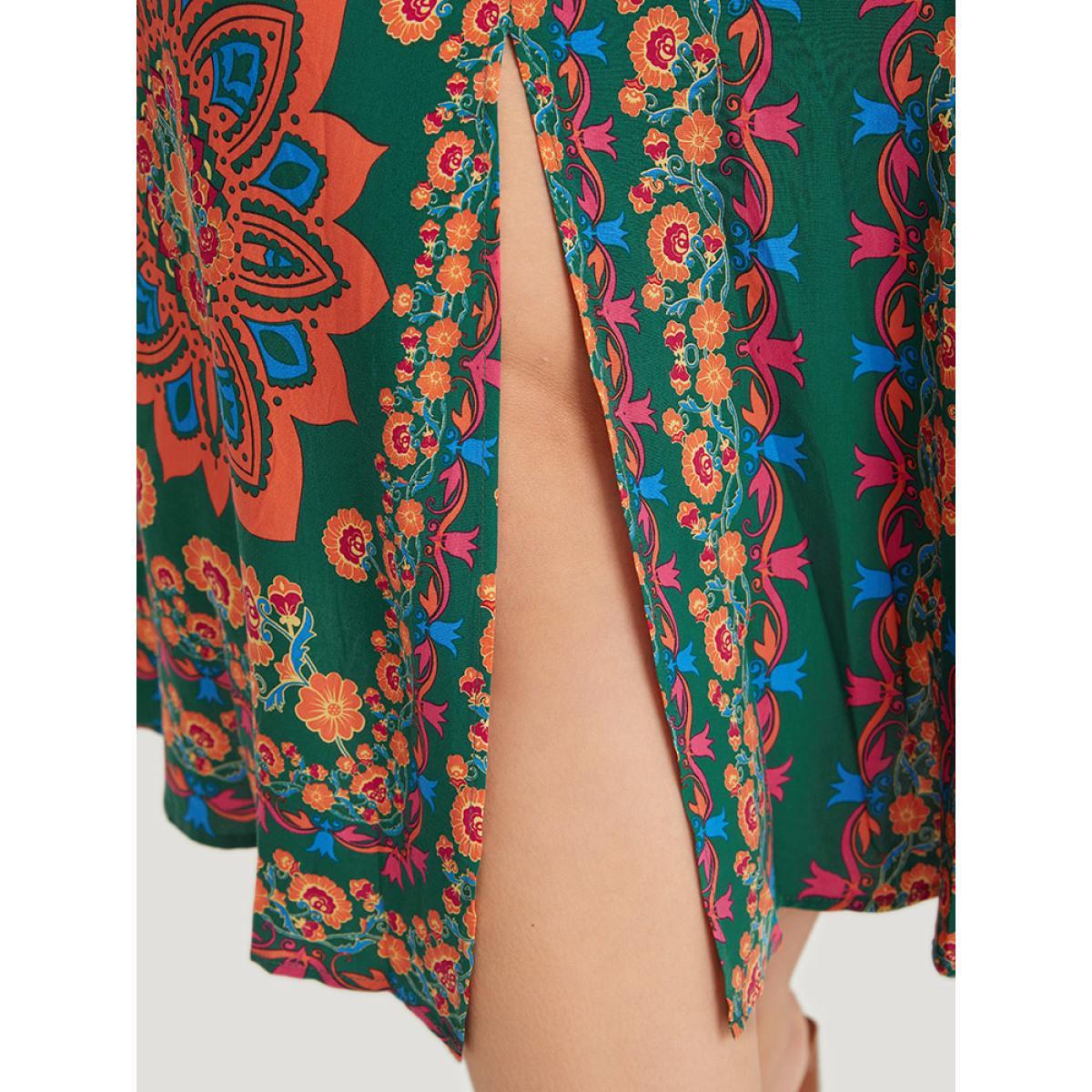 Plus Size Boho Print Belted Split Hem Pocket Cami Dress DarkGreen Women Vacation Gathered V-neck Sleeveless Curvy Midi Dress BloomChic 14-16/1X Product Image
