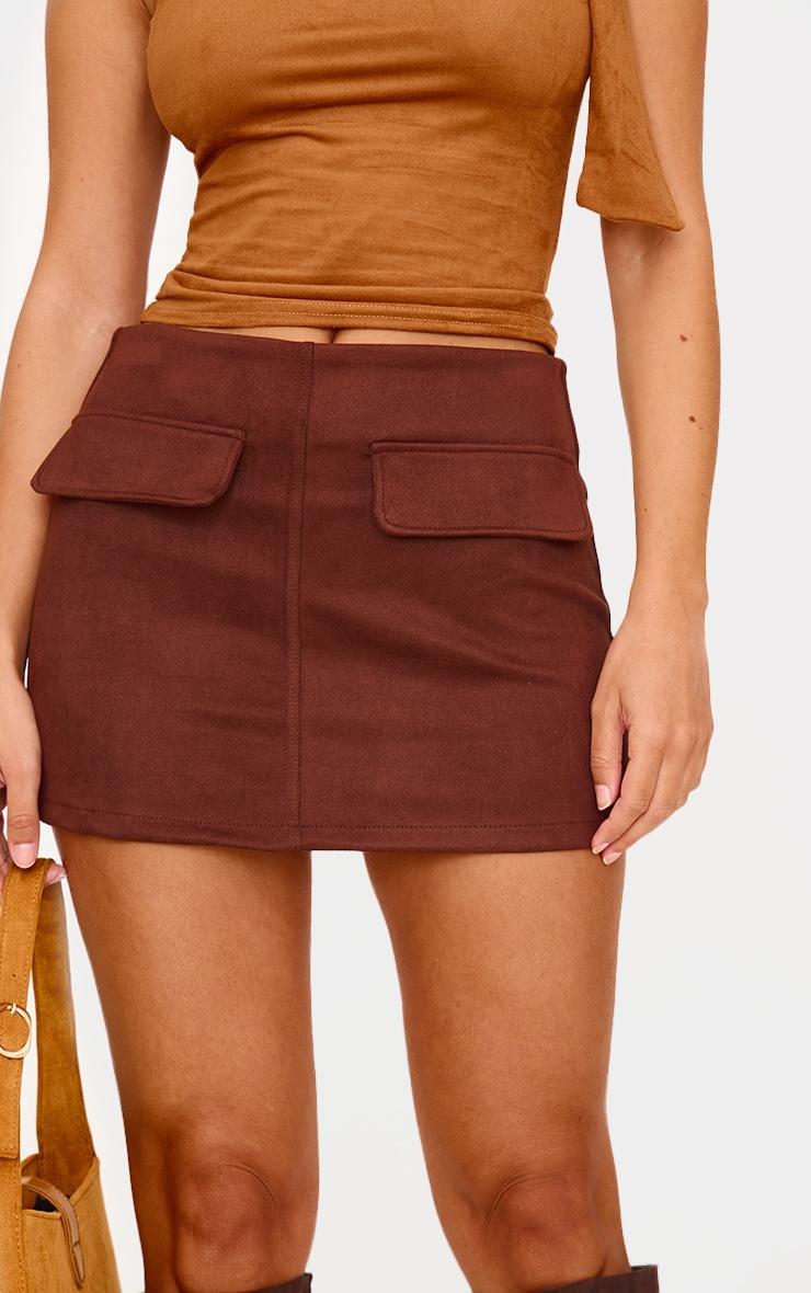 Chocolate Faux Suede Pocket Front Mini Skirt Product Image