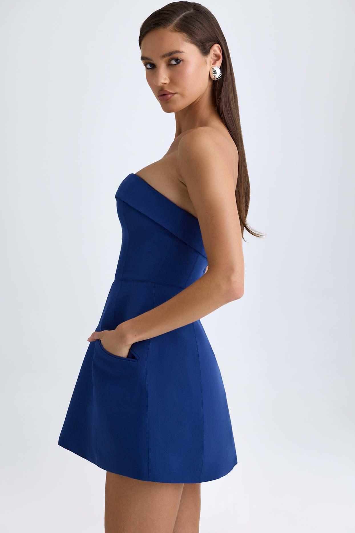 Foldover-Neck Structured Tulip Mini Dress in True Navy Product Image