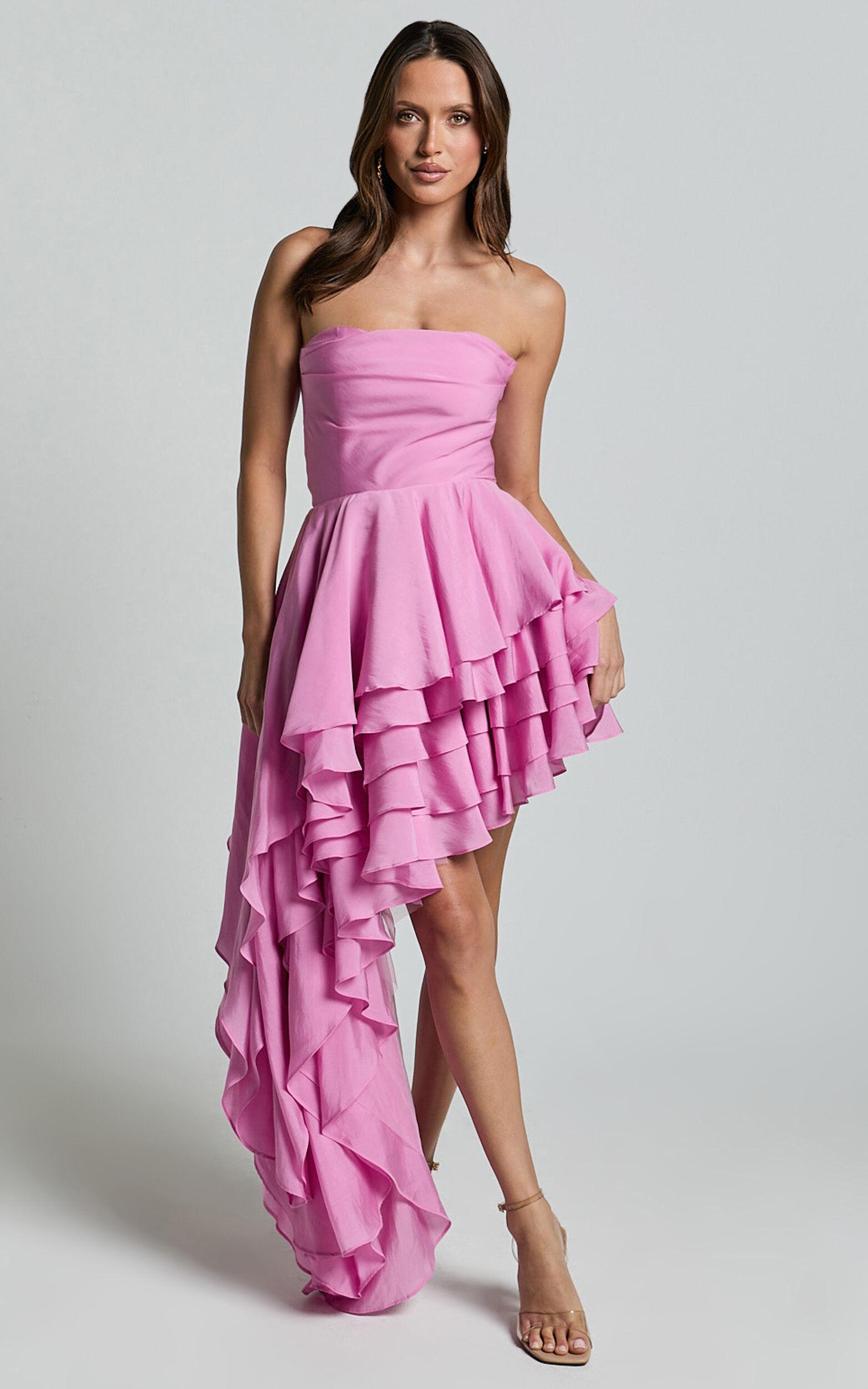Amalie The Label - Everly Strapless Asymmetrical Tiered Mini Dress in Pink Product Image