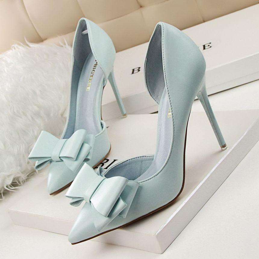 Stiletto Pointed Toe Plain Bow Accent Faux Leather D'Orsay Pumps Product Image