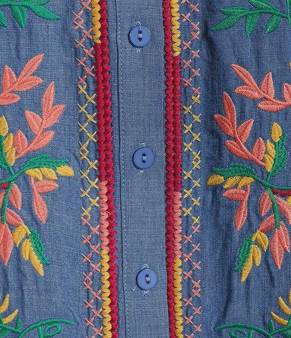 Calessa Petite Size Embroidered Tencel Split Neck 3/4 Sleeve Button Front Tunic Product Image