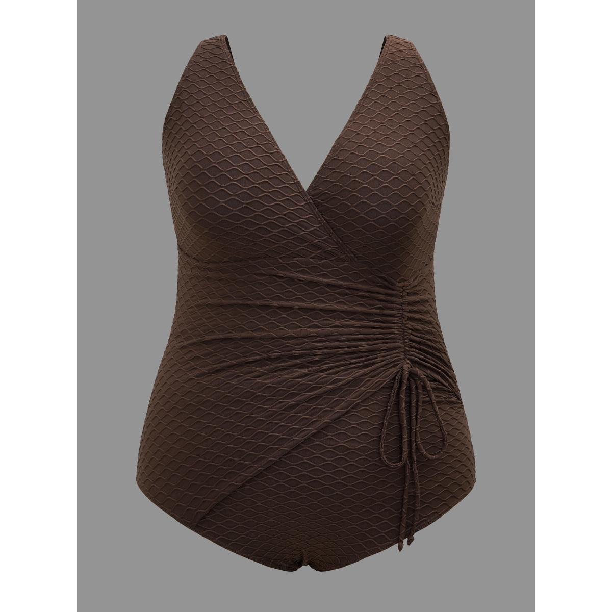 Plus Size Ruched Drawstring Surplice Neck One-Piece Swimsuit Women's Swimwear Browncoffeecolor Beach Texture Curve Bathing Suits High stretch One Pieces BloomChic 22-24/3X Product Image