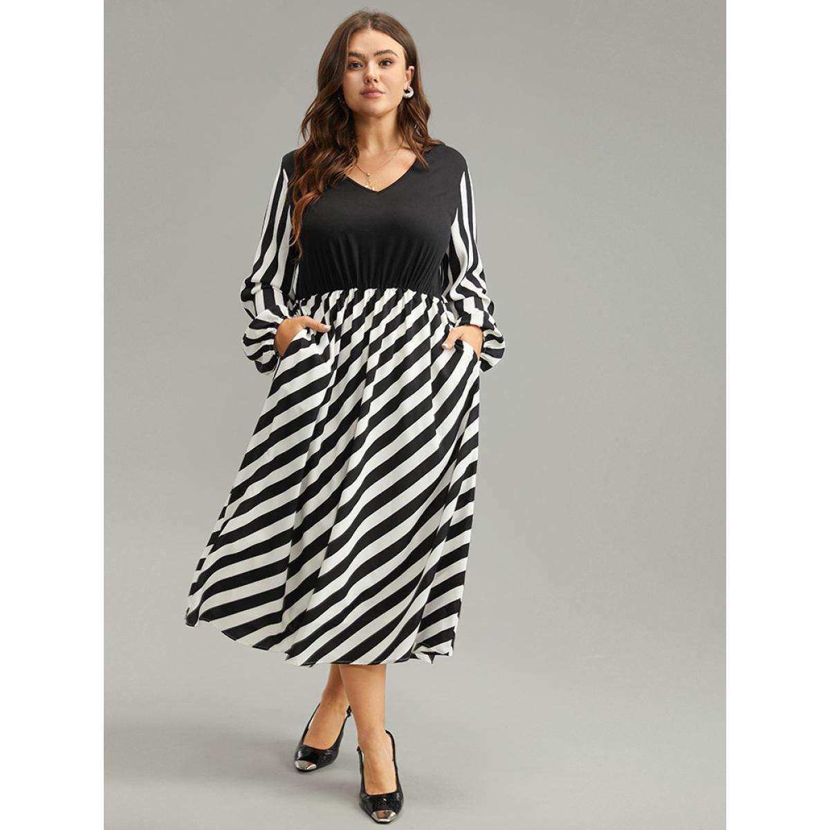 Plus Size Striped Patchwork Elastic Waist Lantern Sleeve Dress Black Women At the Office Elastic cuffs V-neck Long Sleeve Curvy Midi Dress BloomChic 26/4X Product Image