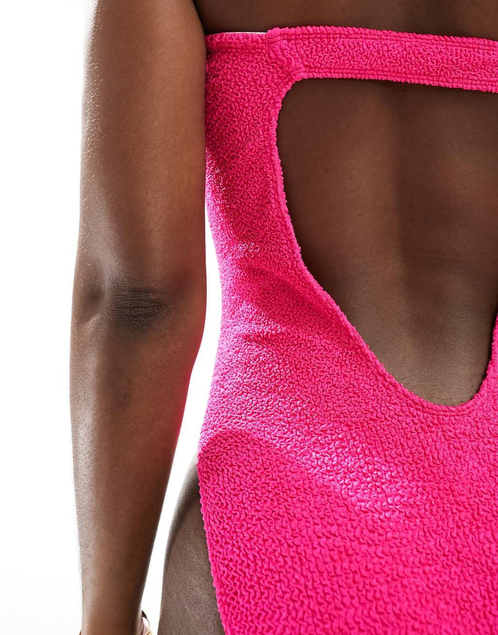 ASOS DESIGN crinkle bandeau swimsuit in hot pink Product Image