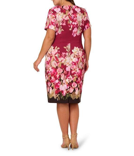 Adrianna Papell Plus Size Short Sleeve Floral Print Tie Front Sheath Midi Dress Product Image