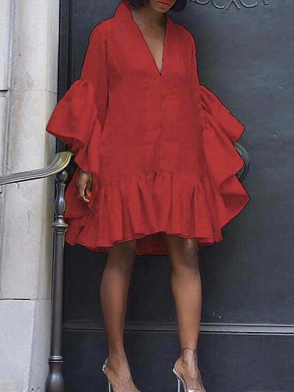 Flared Sleeves Loose Pleated Solid Color Split-Joint V-Neck Mini Dresses Product Image