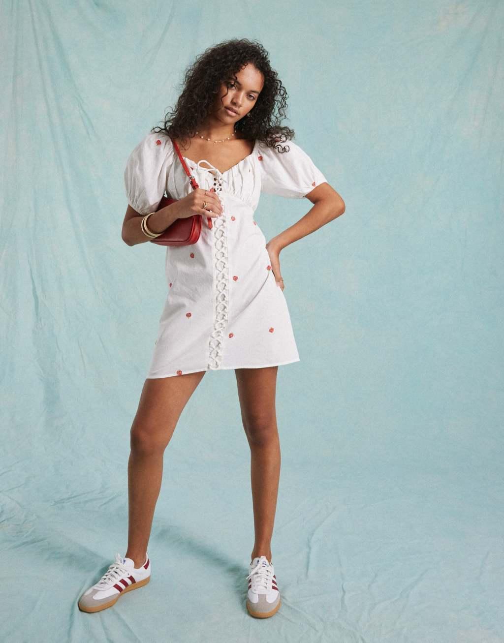 Miss Selfridge linen look mini dress in cream with fruit embroidery Product Image