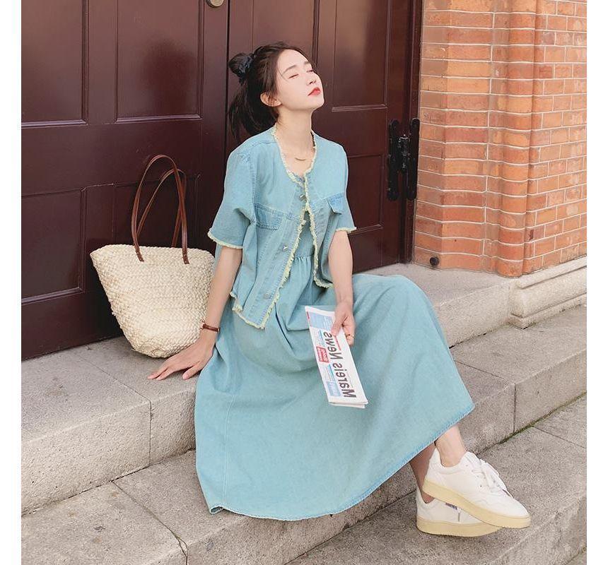 Set: Spaghetti Strap Bow Midi A-Line Denim Dress + Short-Sleeve Tassel Trim Button-Up Jacket Product Image