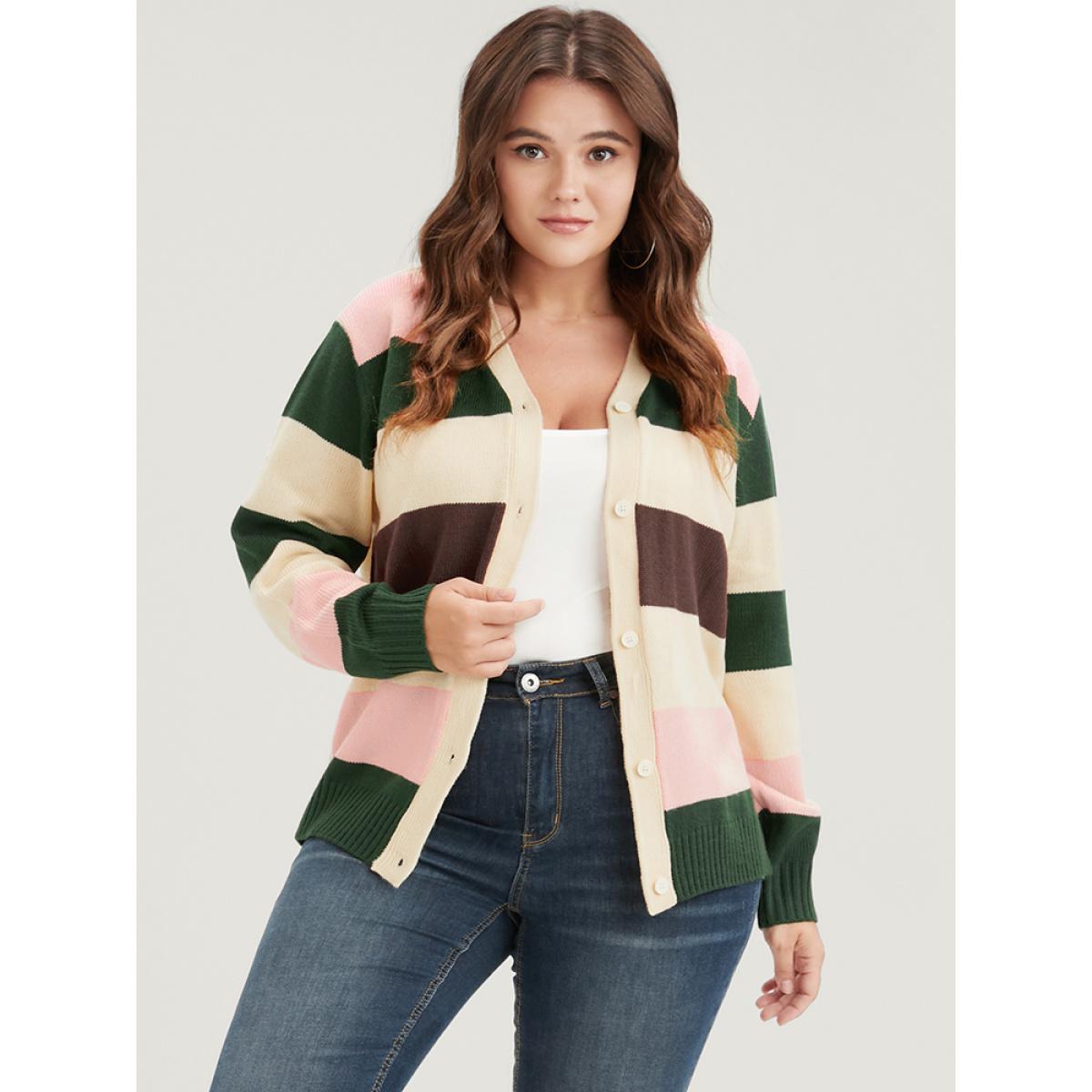 Plus Size Striped Colorblock Contrast Pointelle Knit Button Front Cardigan Beige Women Casual Long Sleeve Dailywear Cardigans BloomChic 28/5X Product Image