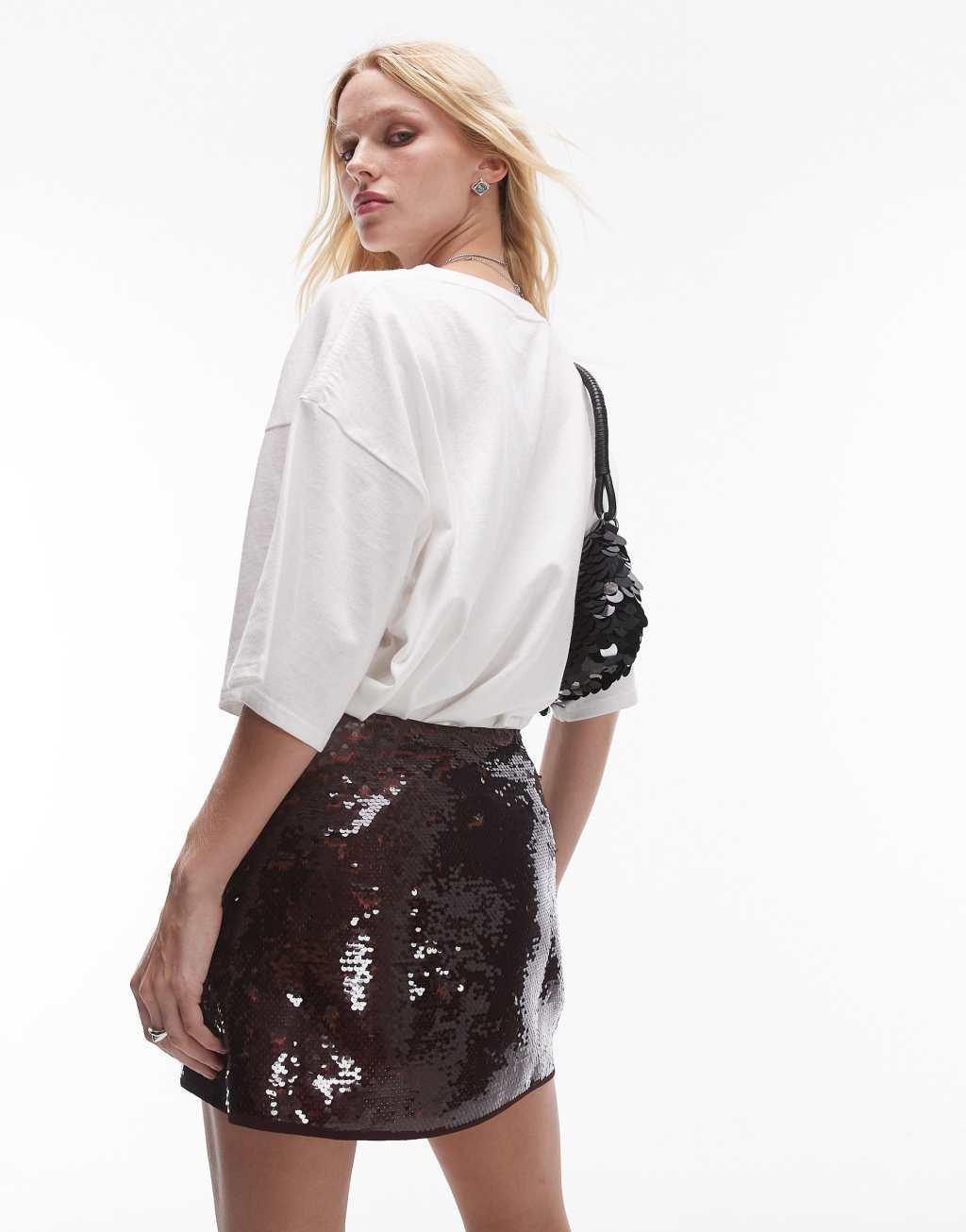 Topshop sequin micro mini skirt in burgundy Product Image