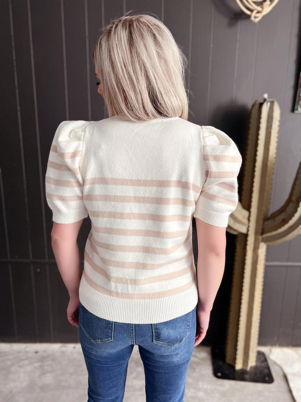 Short Sleeve Off White Striped Sweater Top Product Image