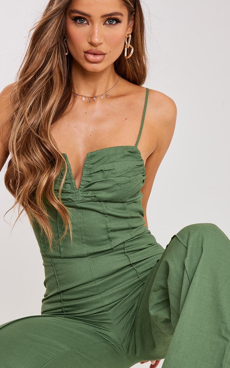 Khaki Woven V Bar Corset Detail Wide Leg Jumpsuit Product Image