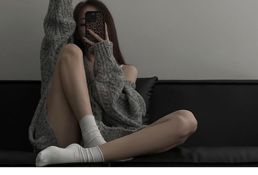 V-Neck Plain Cable-Knit Oversized Sweater Product Image