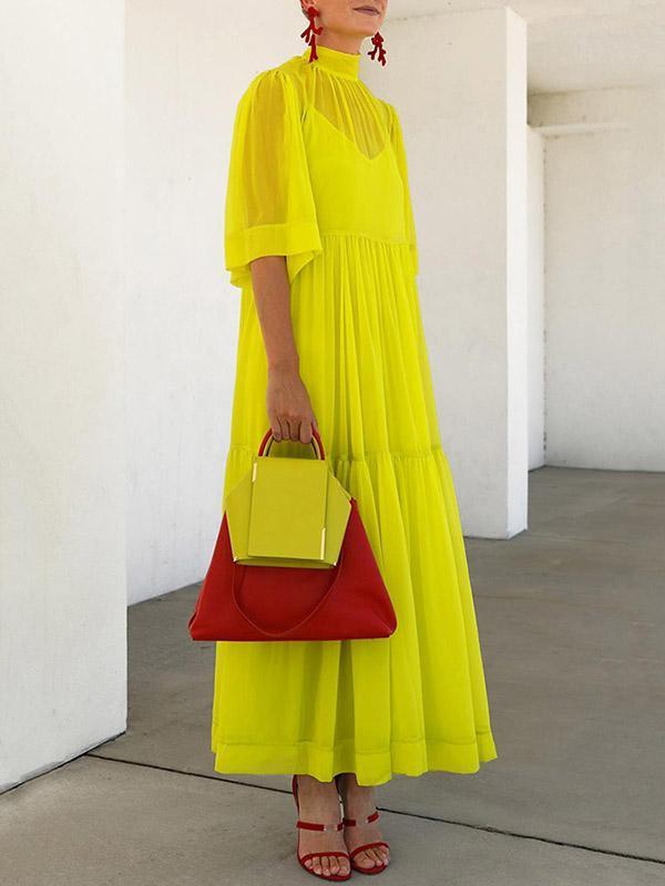 Loose Plus Size Solid Color Split-Joint Inner Dress + Mesh Pleated Mock Neck Outer Dress Two Pieces Set Product Image