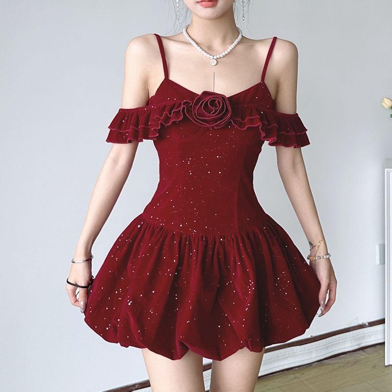 Spaghetti Strap Off-Shoulder 3D Flower Plain Velvet Glitter Mini Bubble Dress Product Image