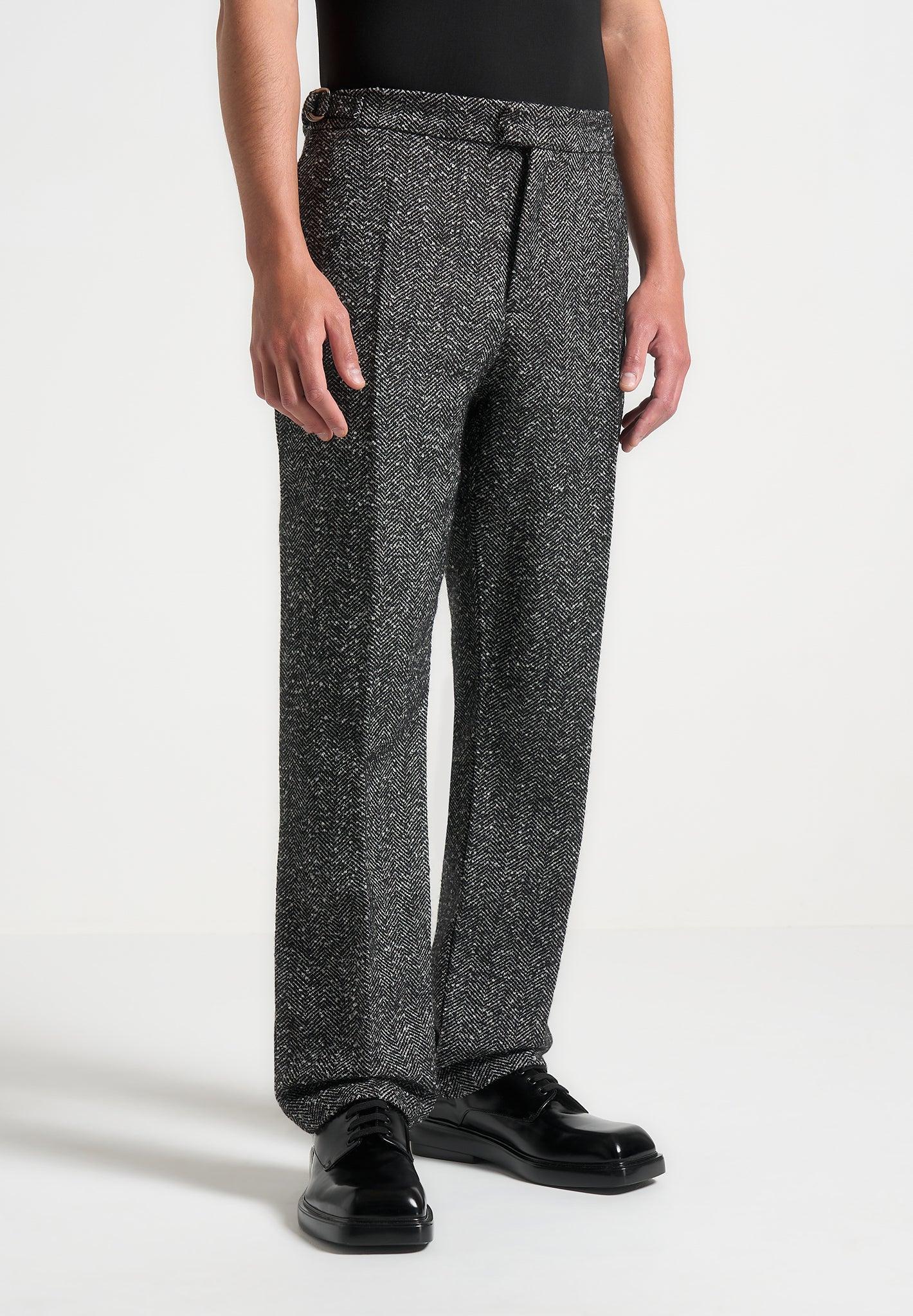 Regular Fit Herringbone Wool Blend Tailored Trousers - Black Male Product Image