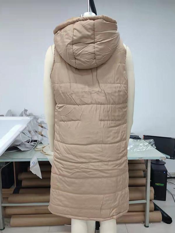 Hooded Sleeveless Buttoned Drawstring Keep Warm Solid Color Split-Joint Zipper Padded Coat Vest Outerwear Product Image