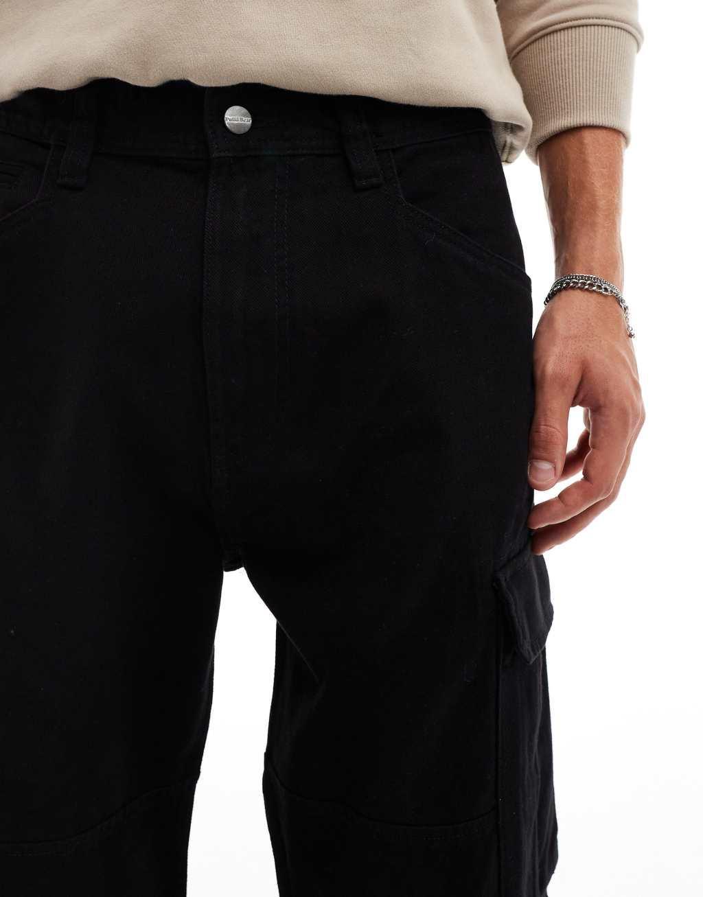 Pull&Bear straight leg cargo pants in black Product Image