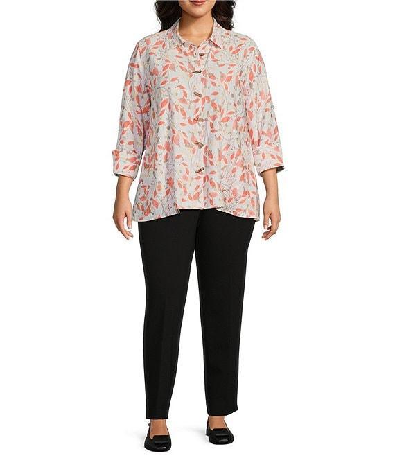 Multiples Plus Size Woven Leaf Print Point Collar 3/4 Turn-Up Sleeve Button Front Fitted Shirt Product Image