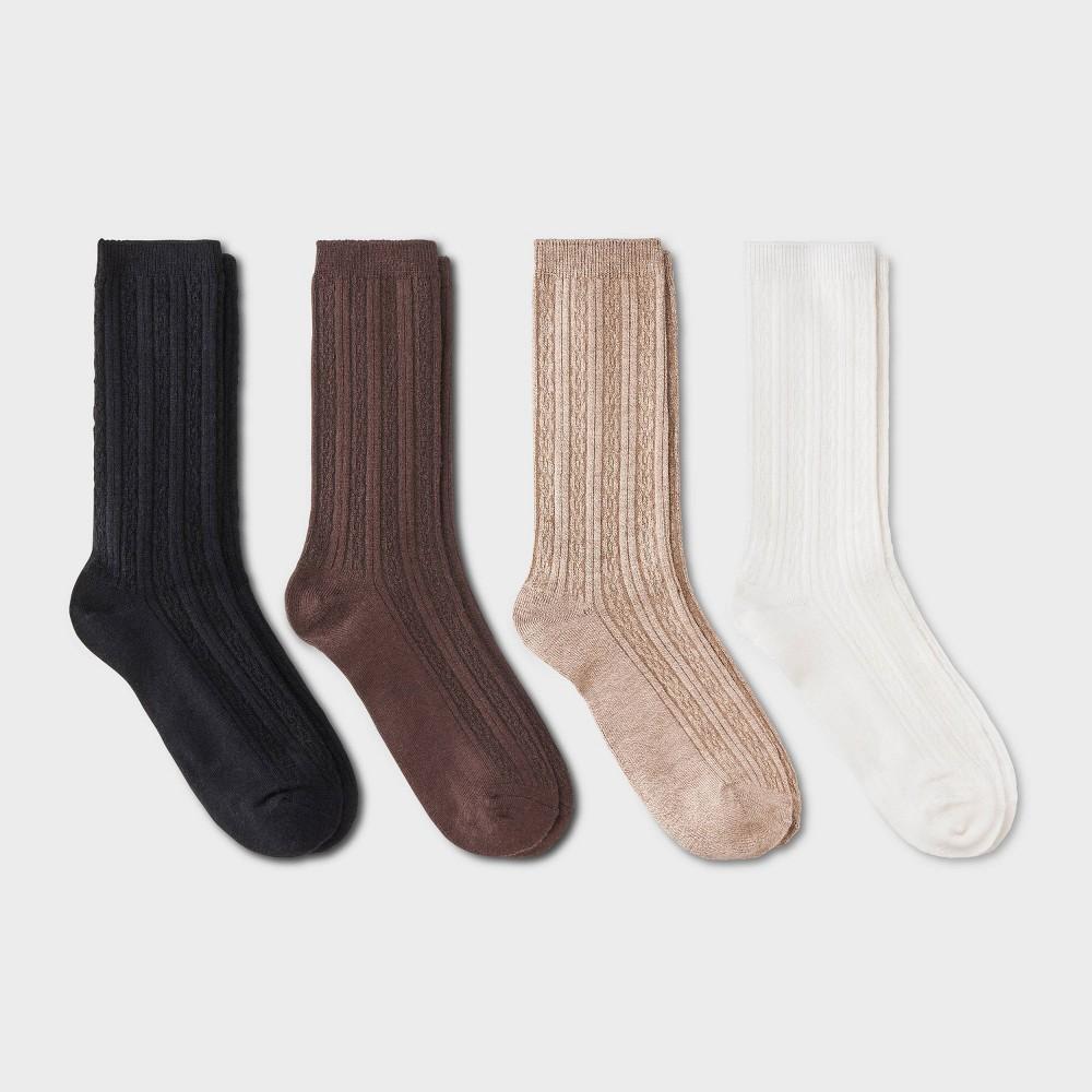 Women's Ultra Soft Everyday Cable 4pk Crew Socks - Auden™ Ivory/Brown/Black 4-10: Midweight Knit, Rib Cuffs, Machine Washable Product Image