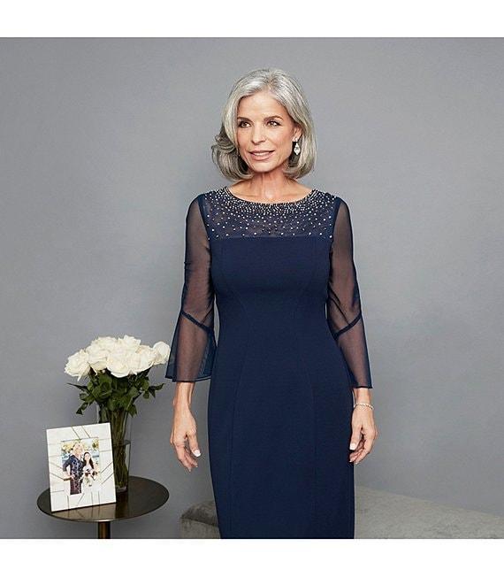 Alex Evenings Stretch Crepe Beaded Illusion Round Neck 3/4 Bell Sleeve Sheath Dress Product Image