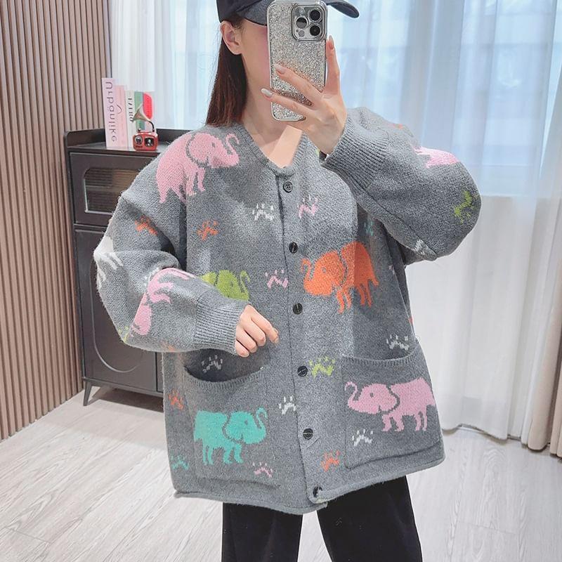 Round Neck Elephant Jacquard Cardigan Product Image