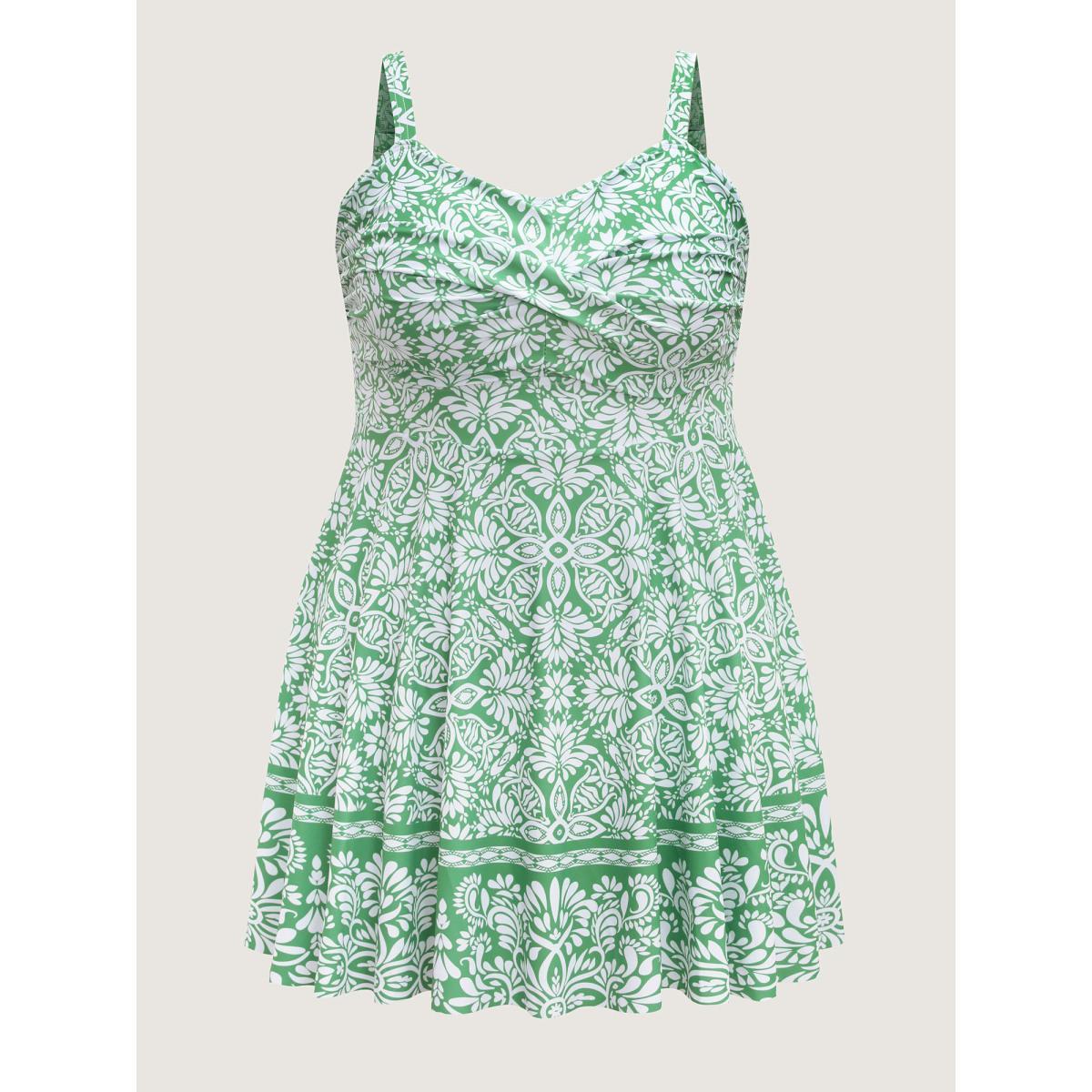 Plus Size Floral Print Twist Front Swim Dress Women's Swimwear Greenbean Beach Bodycon Heart neckline High stretch Curve Swim Dresses BloomChic 26/4X Product Image