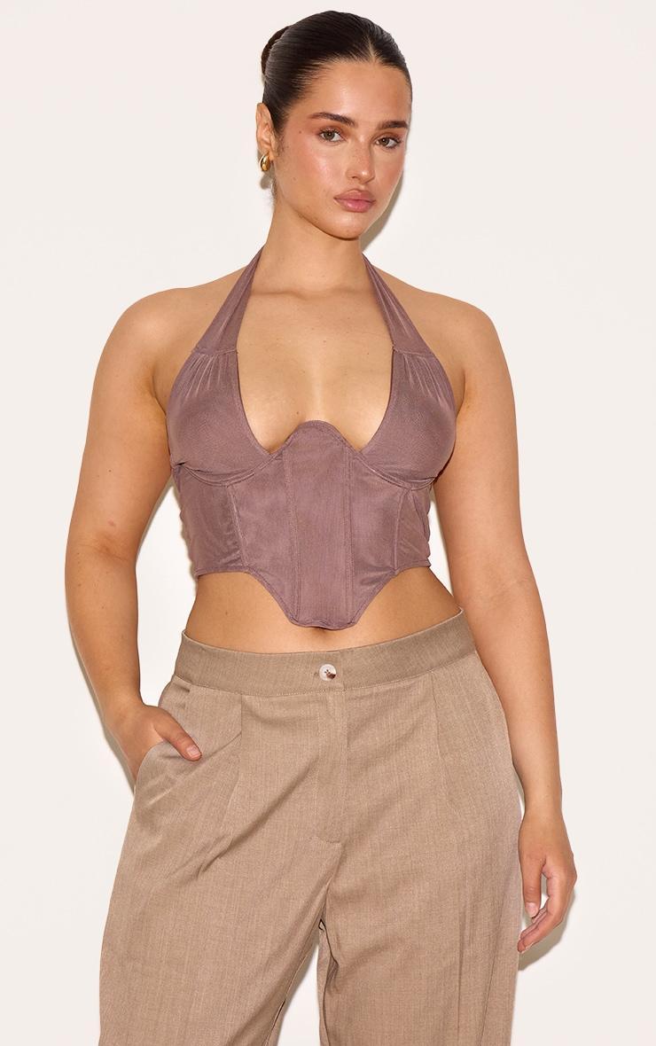 Shape Brown Double Layered Mesh Tie Neck Corset Top Product Image
