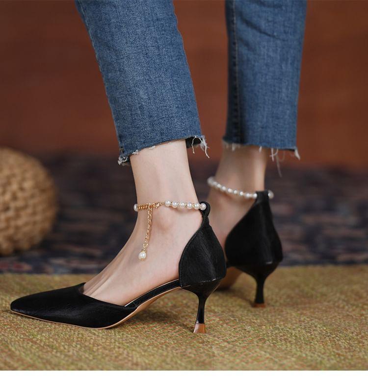 High Heel Pointed Toe Faux Pearl Ankle Strap D'Orsay Pumps Product Image