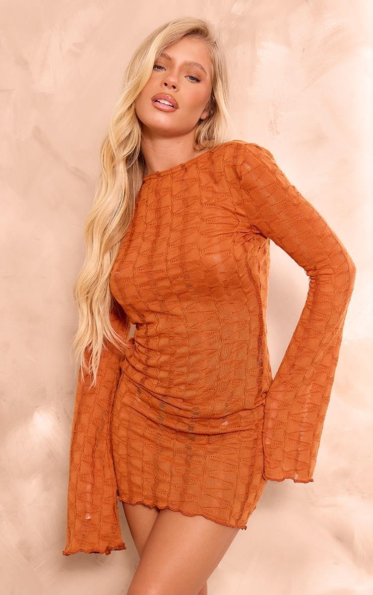 Rust Textured Laddered Flare Sleeve Scoop Back Shift Dress Product Image