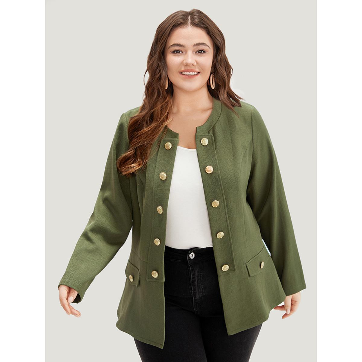 Plus Size Plain Double Breasted Pocket Coat Women ArmyGreen Casual Plain Ladies Dailywear Winter Coats BloomChic 12/L Product Image