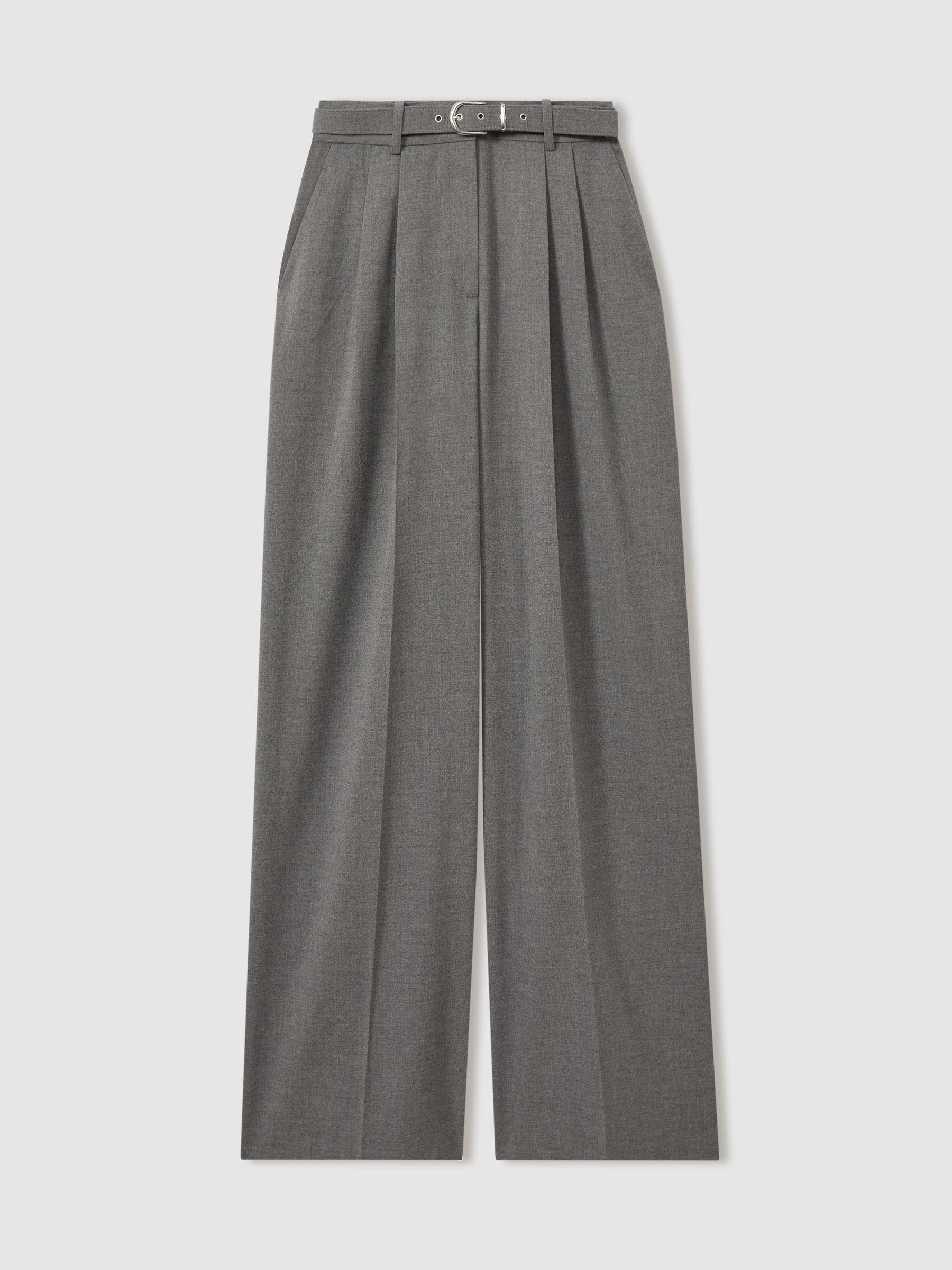 Belted Wide Leg Trousers in Grey Product Image