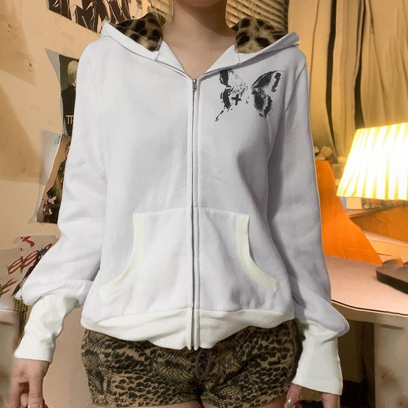 Butterfly Print Zip-Up Hoodie Product Image