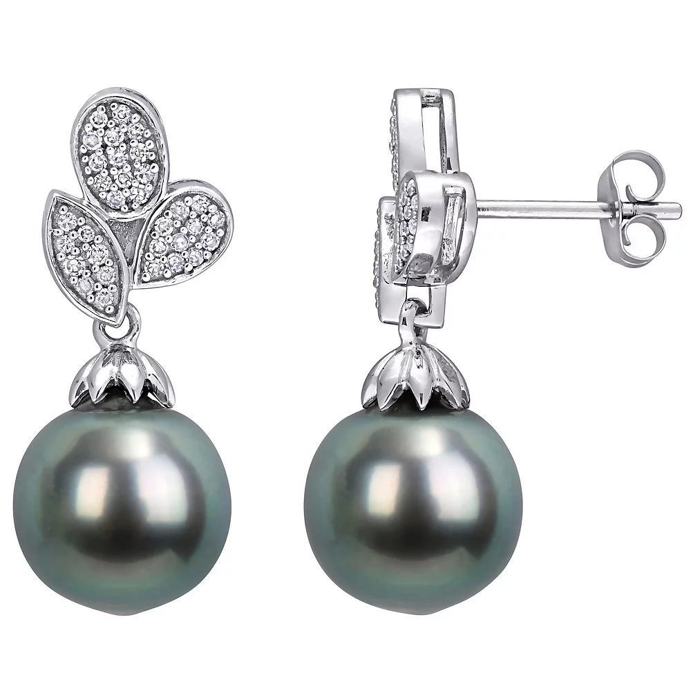 Stella Grace 10k White Gold Tahitian Cultured Pearl & 1/5 Carat T.W. Diamond Floral Drop Earrings, Womens Product Image