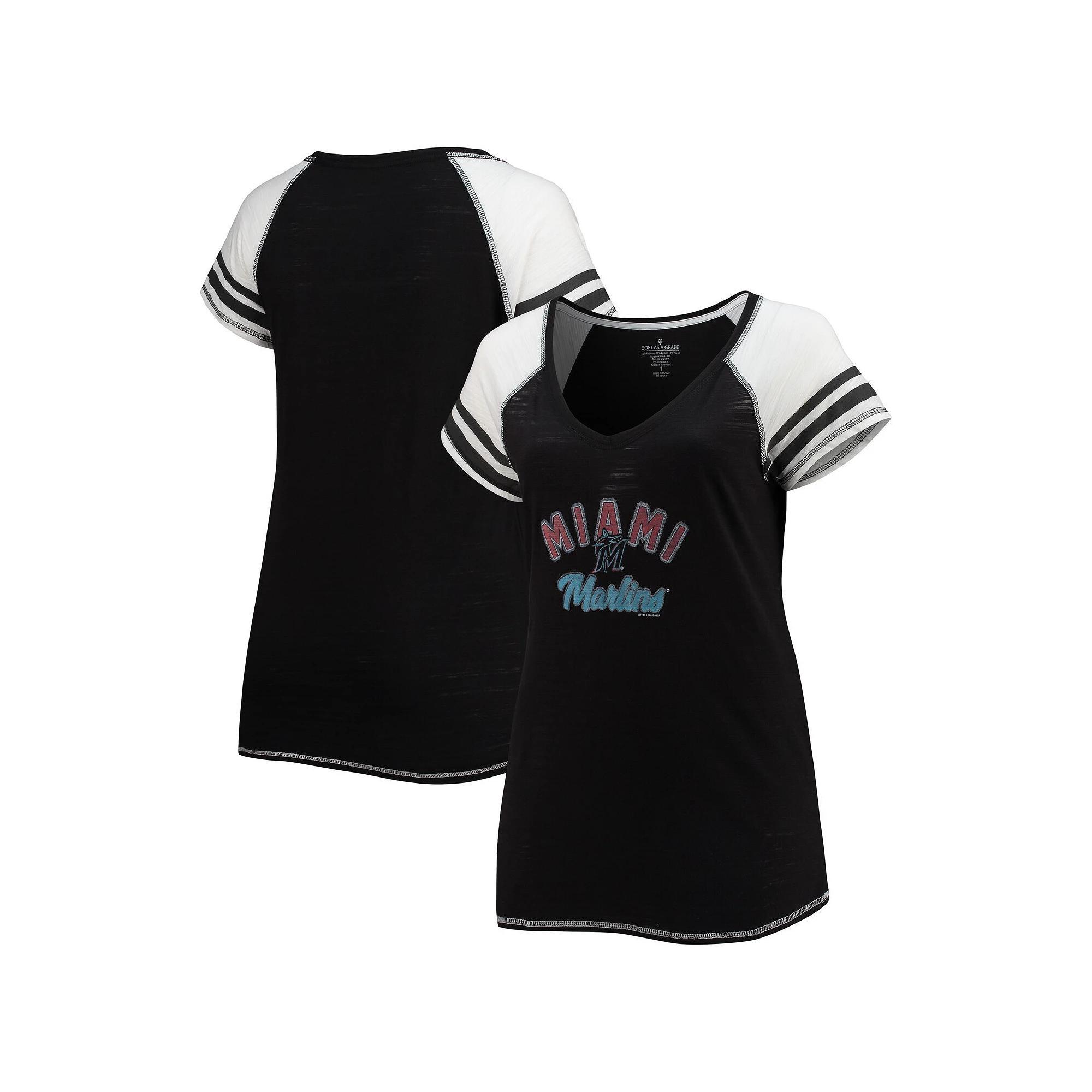 Women's Soft as a Grape Black Miami Marlins Curvy Colorblock Tri-Blend Raglan V-Neck T-Shirt,  Product Image