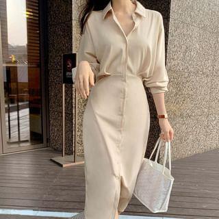 Long-Sleeve Collared Plain Midi A-Line Shirt Dress Product Image