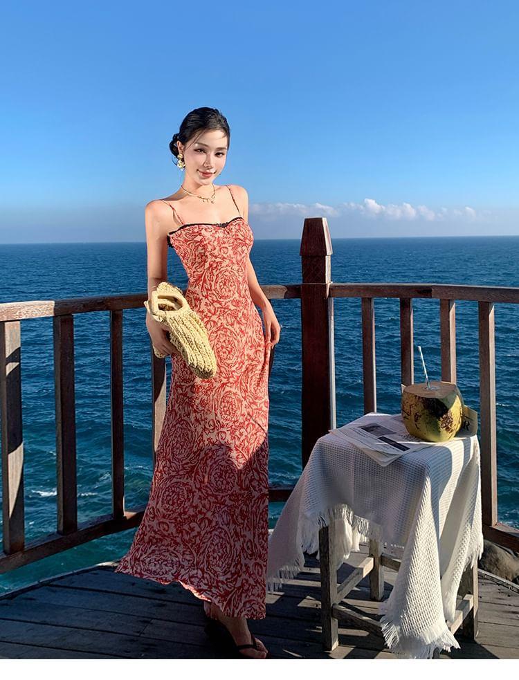 Spaghetti Strap Floral Print Midi Mermaid Dress Product Image