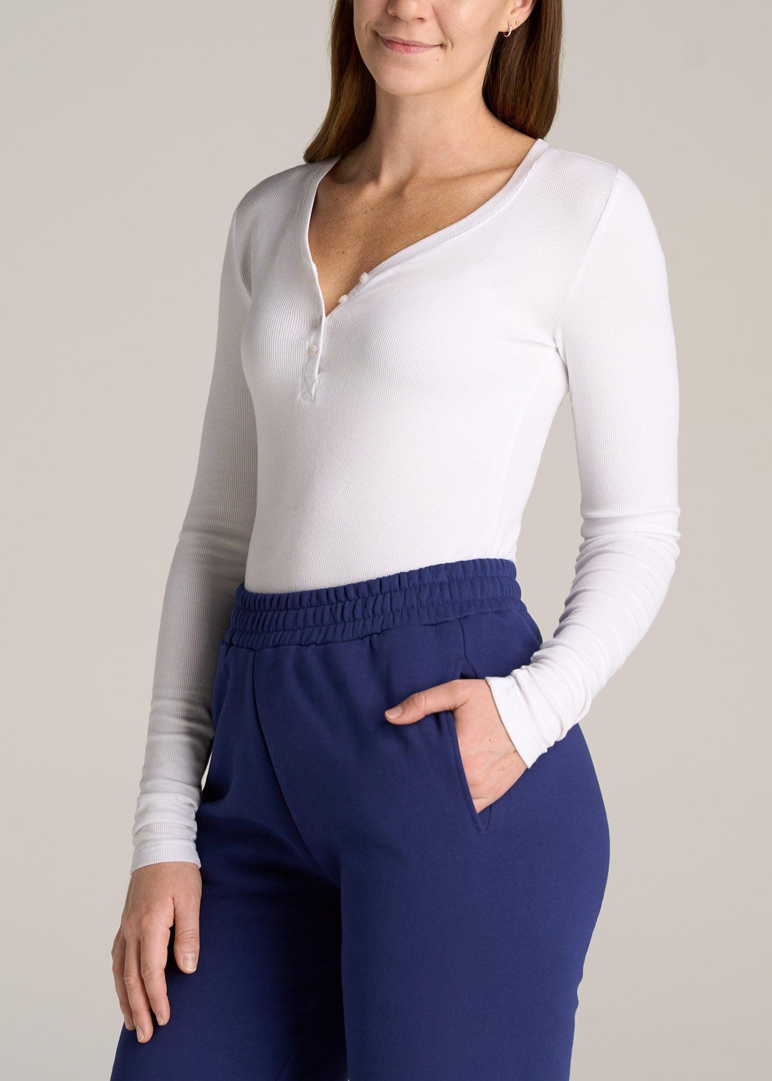 Fitted Ribbed Long Sleeve Henley for Tall Women in White Female Product Image