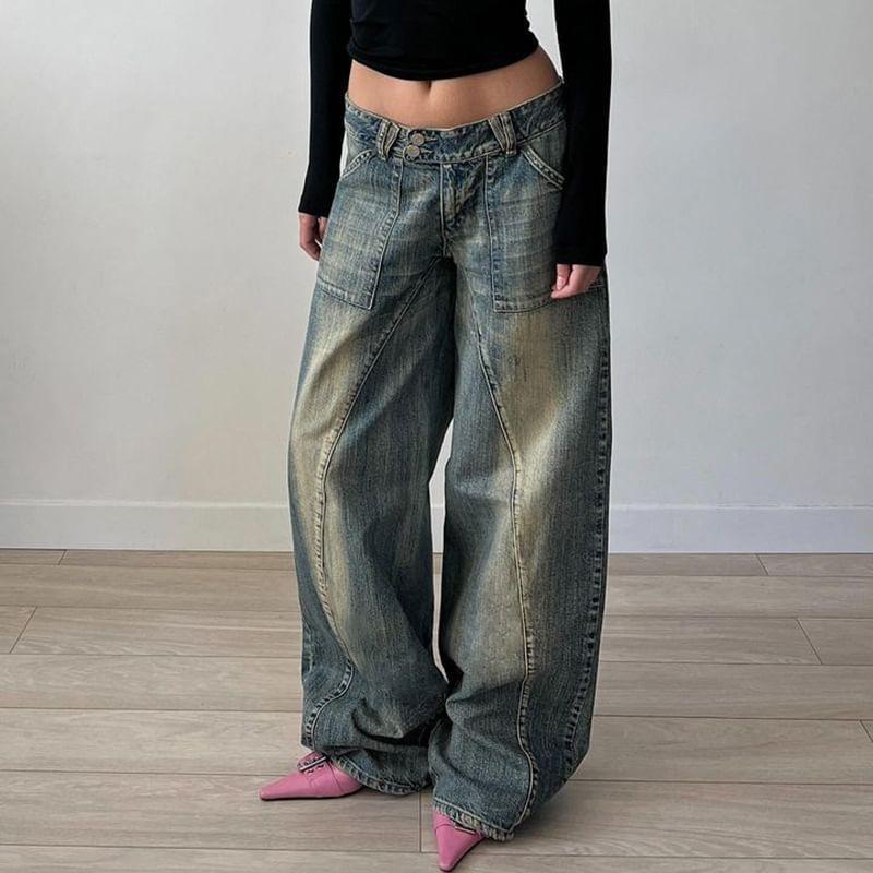 Low Waist Washed Loose-Fit Wide-Leg Jeans Product Image