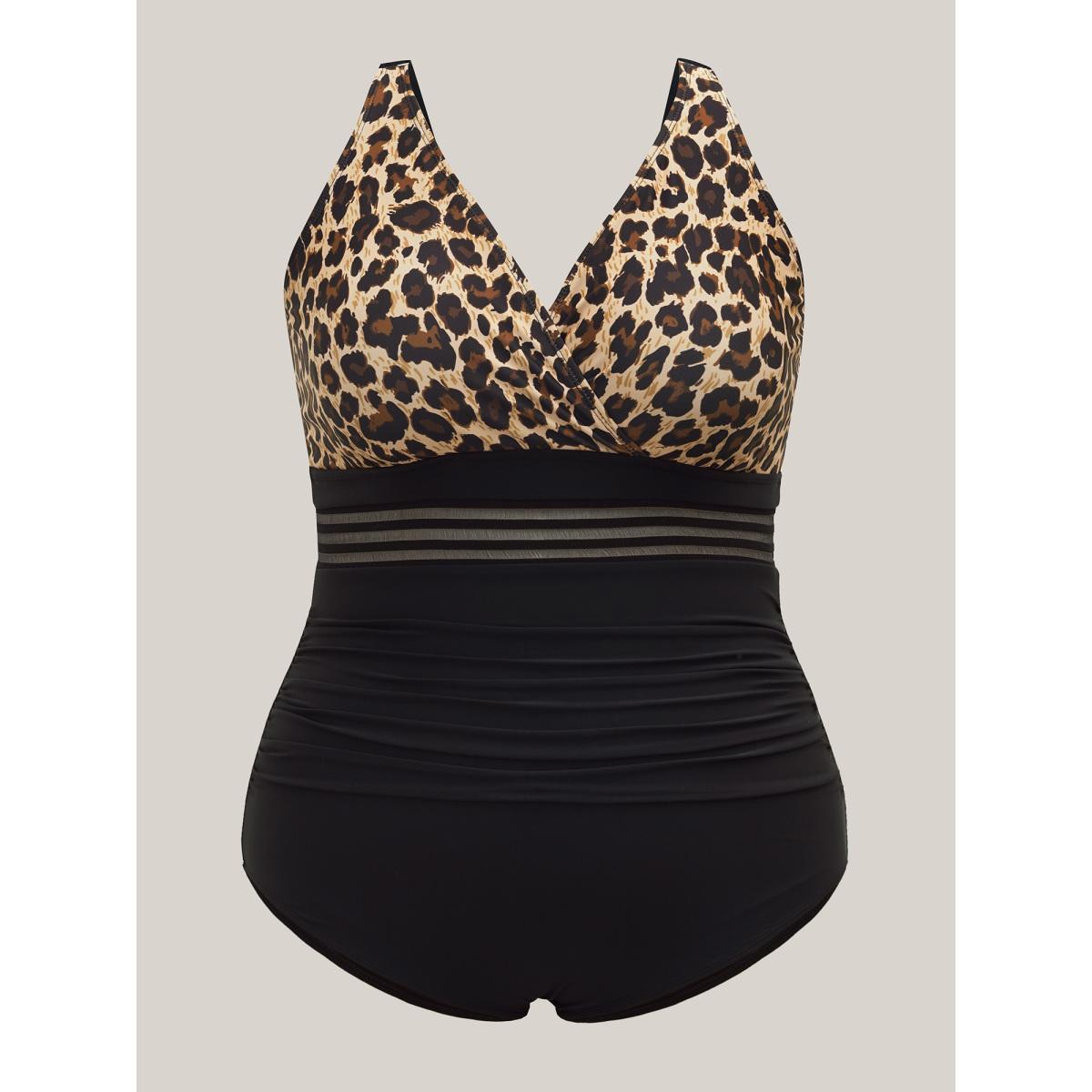 Plus Size Leopard Print Sheer Spliced Surplice Neck One-Piece Swimsuit Women's Swimwear Leopard Beach Gathered Curve Bathing Suits High stretch One Pieces BloomChic 22-24/3X Product Image