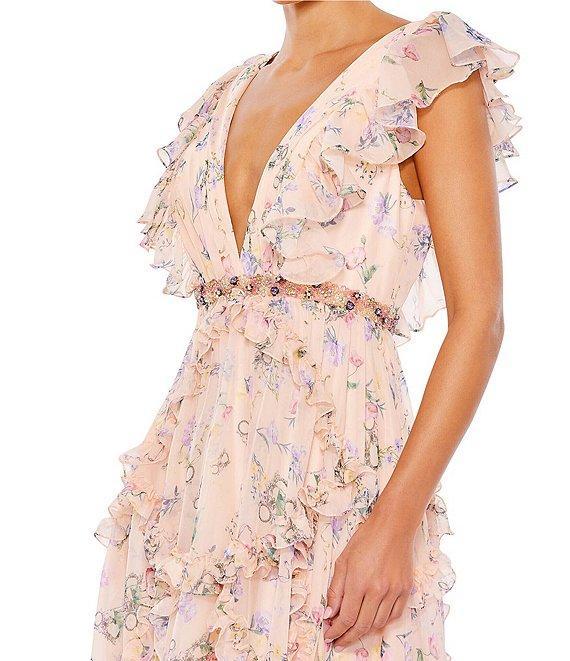 Mac Duggal Floral Print Tiered Ruffle Hem Deep V-Neck Sleeveless Embellished Waist Open Back Gown Product Image