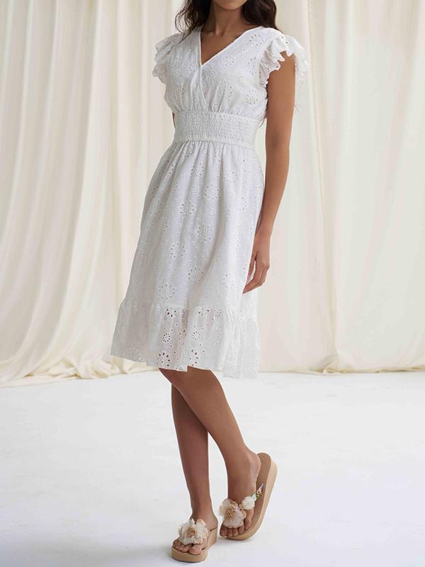 A-Line Loose Elasticity Hollow Pleated Solid Color V-Neck Mini Dresses Product Image