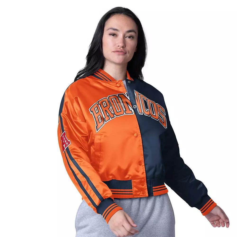 Women's Starter  Orange/Navy Denver Broncos Zone Blitz Cropped Full-Snap Satin Jacket, Size: 2XL Product Image