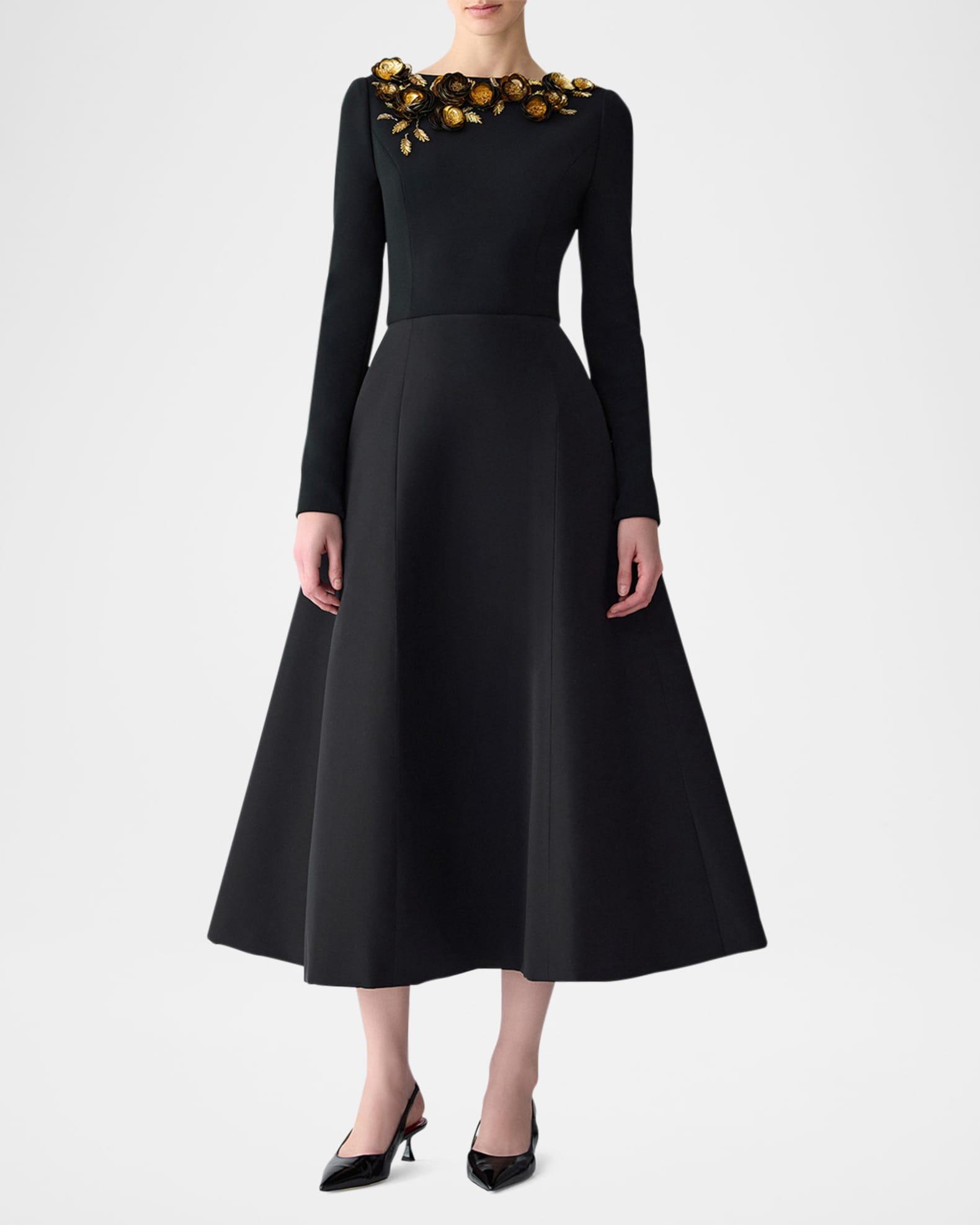 3D Floral Embellished Long-Sleeve Midi Dress Product Image